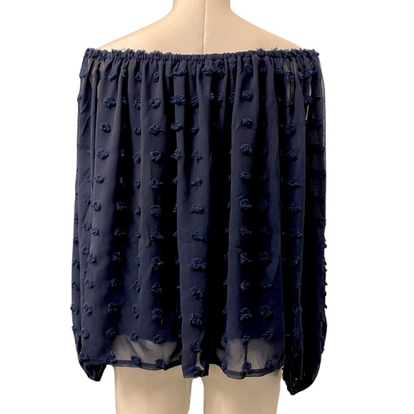 Navy dotted flowy off shoulder long sleeve blouse, size L, new - Picture 3 of 8